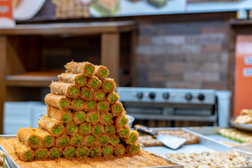 Sweet Middle East Baklava at the counter in the market
