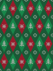 Christmas background with rhombuses, snowflakes, Christmas trees and flowers. Argyle print. Seamless knitted pattern in green, red and white colors. Vector illustration