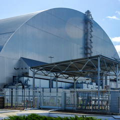 Chernobyl sarcophagus over the 4th reactor, Ukraine. Chernobyl nuclear power plant.