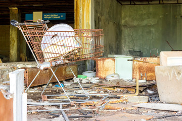 Inside the grocery store. Pripyat, Chernobyl. The building of the destroyed shopping center.