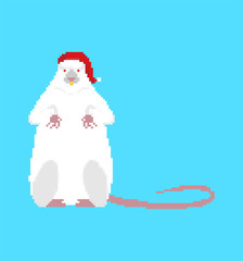 Santa Mouse pixel art. 8 bit Rat in red cap. Christmas and New Year Vector Illustration