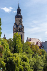 View of historic and modern buildings and churches on the Karl Heine canal in Leipzig / Germany...