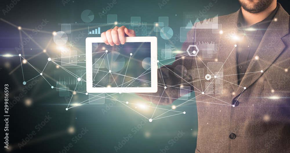 Poster Elegant hand holding tablet with virtual database and network concept