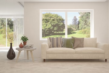 Stylish room in white color with sofa and summer landscape in window. Scandinavian interior design. 3D illustration