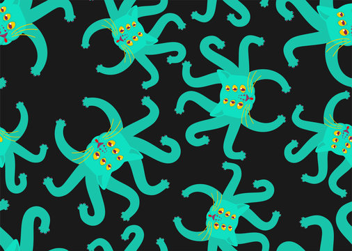 Cat Octopus pattern seamless. Ufo pet background. monster texture.