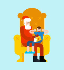 Santa Claus and crying little boy. Sanat on armchair. Christmas and New Year vector illustration