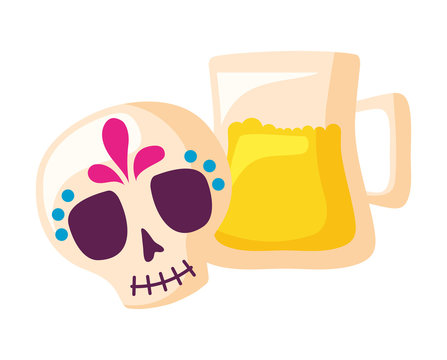 skull mexican with jar beer isolated icon
