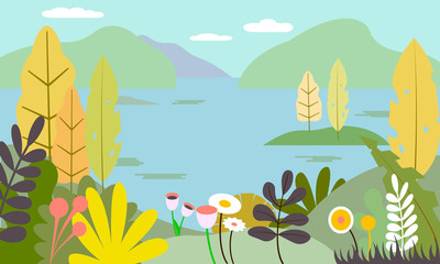 Naklejka na ściany i meble Flat Nature landscape - mountains, sea or river, plants, leaves, trees and sky. Vector illustration in trendy flat style and bright colors - background with copy space for text, banner, greeting card