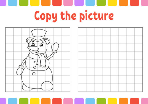 Copy the picture. Coloring book pages for kids. Education developing worksheet. Game for children. Handwriting practice. Funny character. Cute cartoon vector illustration.