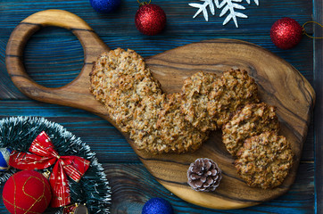 Oatmeal cookies with chia seeds and nuts on the board