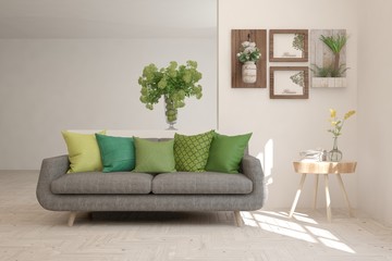Stylish room in white color with sofa. Scandinavian interior design. 3D illustration