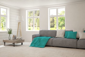 Fototapeta premium Stylish room in white color with sofa and summer landscape in window. Scandinavian interior design. 3D illustration