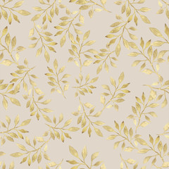 Beautiful watercolor pattern. Golden branches with leaves on calm light background. Seamless pattern.