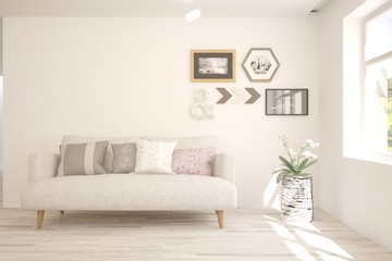 Stylish room in white color with sofa. Scandinavian interior design. 3D illustration