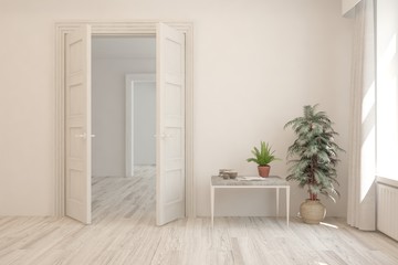 Empty room in white color with open door, table and home plant. Scandinavian interior design. 3D illustration