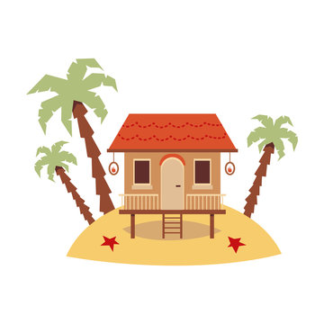 Cute exotic beach house standing on sand island with palm trees
