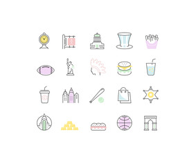 Set Vector Flat Line Icons USA and America