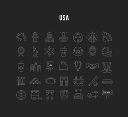 Set Vector Flat Line Icons USA and America