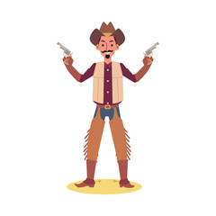 Cartoon man in cowboy costume holding two guns and smiling