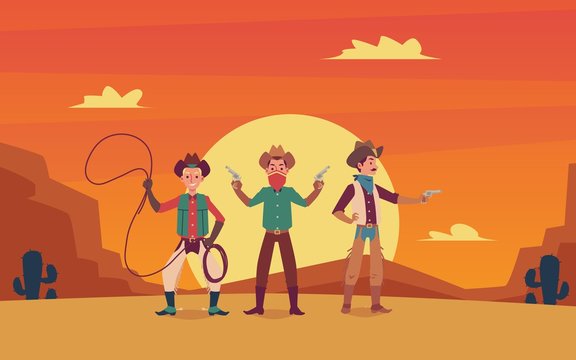 Three cowboys cartoon characters on wild west sunset landscape background.
