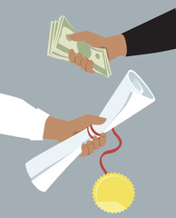 Money offered for a diploma ether as a bribe of a cost of education, EPS 8 vector illustration