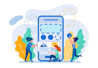 Giant Smartphone and Tiny People working around Creating a Smart Mobile App for Successful Online Business.