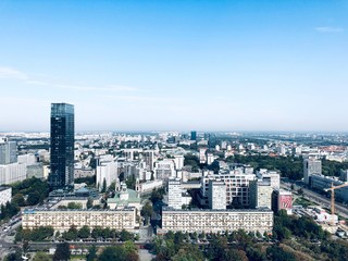 Warsaw, Poland. Modern downtown business skyscrapers, city center. Aerial view of the old capital Warszawa. Panoramic picture in sunny day.