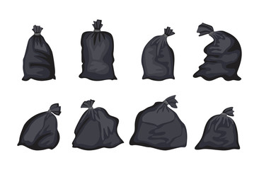 Black trash bag set isolated on white background - flat garbage disposal bags