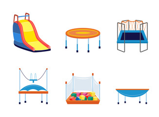 Set of kids amusement park trampolines, slides flat vector illustrations isolated.