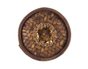 Christmas golden wreath on wooden background, Christmas background.