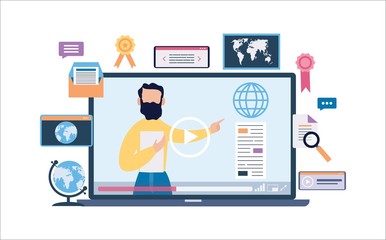 Fototapeta premium Online education banner - laptop with video course lesson interface