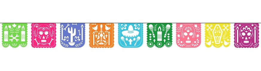 Colorful papel picado garland for Dia de los muertos holiday celebration