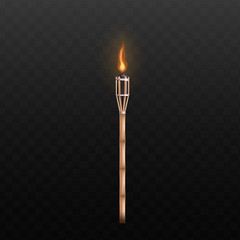 Torch flame with long wooden handle realistic vector illustration isolated.