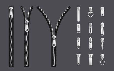 Opening and closed zipper and its parts - silver metal fabric fastener