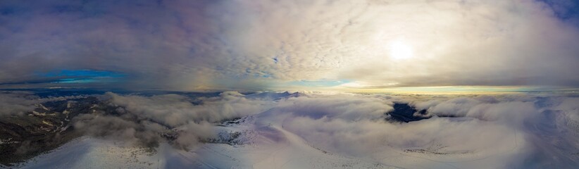 Aerial view of the evening winter panorama