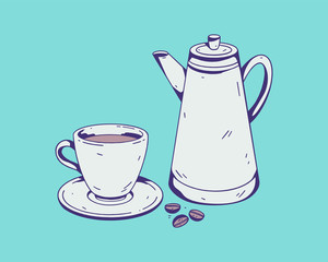 Coffee break. A cup and a coffee pot. Hand drawn vector image.