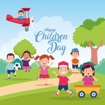 happy children day celebration with kids playing in the field