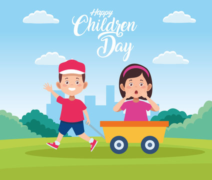 happy children day celebration with kids playing in pushcart
