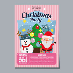 christmas party festival holiday poster template snowman santa tree flat style