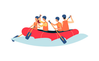 River rafting - cartoon people rowing in inflatable boat wearing safety vests