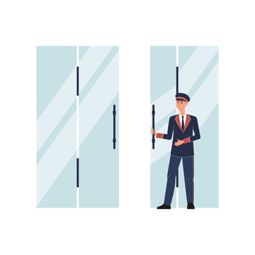 Porter or doorman character opens entrance flat vector illustration isolated.
