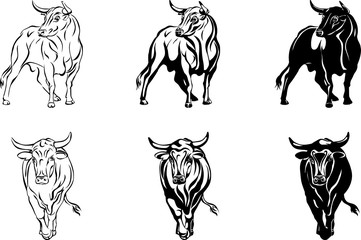 Bull, figures, vector, images, poses, black, white, drawing, silhouette