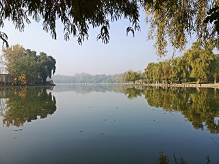Fototapeta premium Tree reflection on the lake waters - autumn season