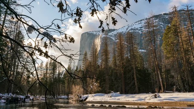 Timelapse Tracking Shot of Horsetail Falls thru Leaves in Winter in Yosemite