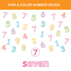 Find & color number 7 worksheet. Easy worksheet, for children in preschool, elementary and middle school.