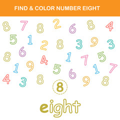 Find & color number 8 worksheet. Easy worksheet, for children in preschool, elementary and middle school.