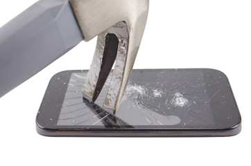 broken phone with hammer isolated on white background, crash phone, fractured
