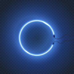 Circle neon lamp wall sign isolated on transparent background. Vector round blue glowing bulb banner.