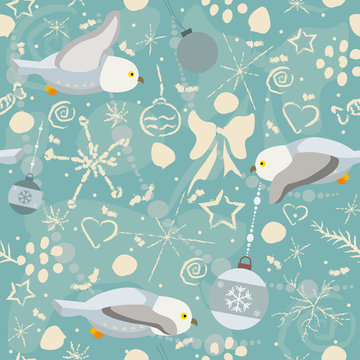 Cute Seamless Winter Pattern with owls and winter doodles. Vector Illustration.