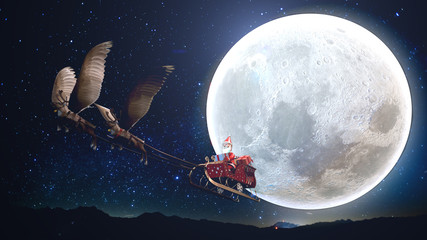 Obraz na płótnie Canvas Santa claus ride sledge flying on the night sky with reindeer have wing on full moon backgound sky.